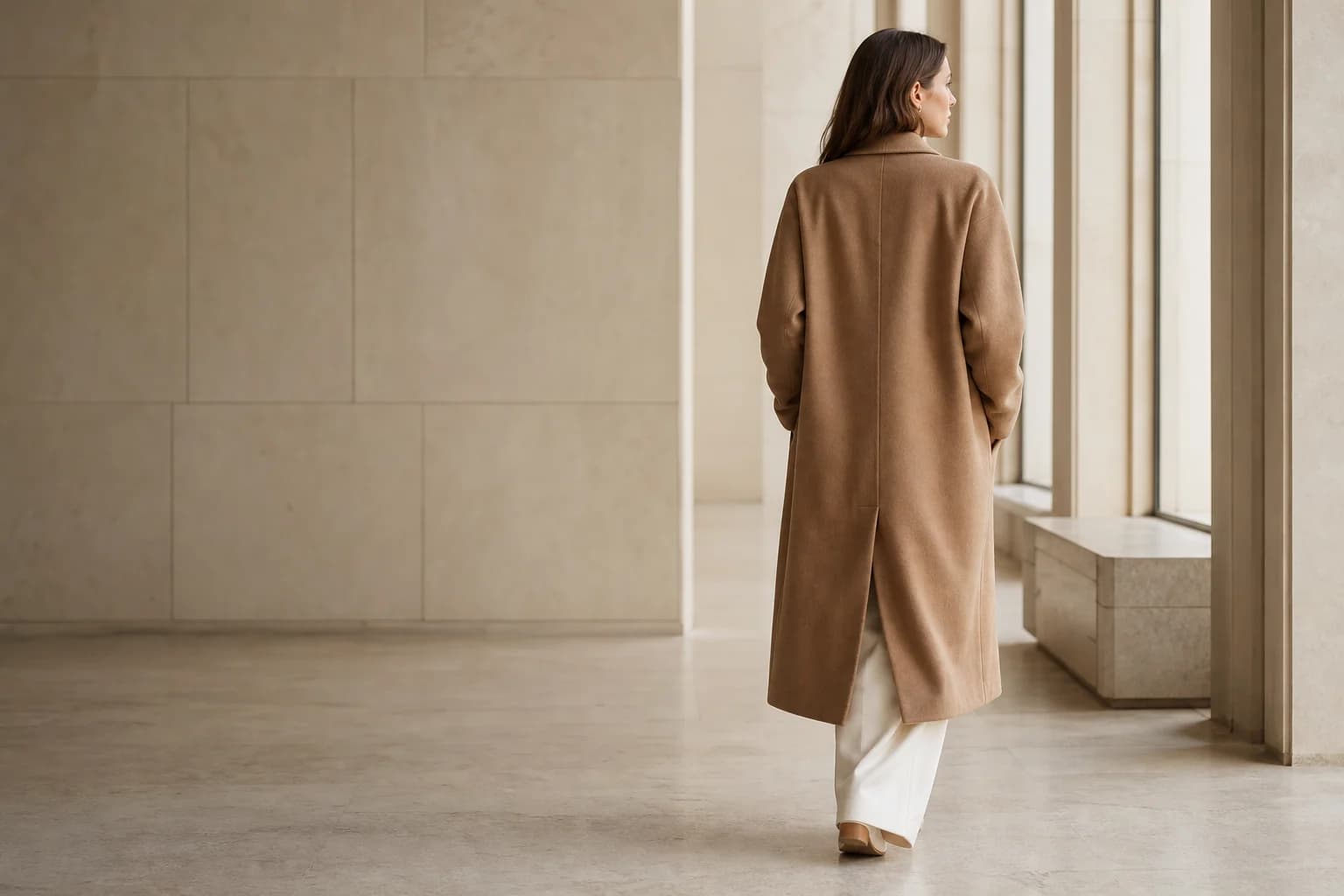A woman in a long camel overcoat walking through a quiet stone gallery