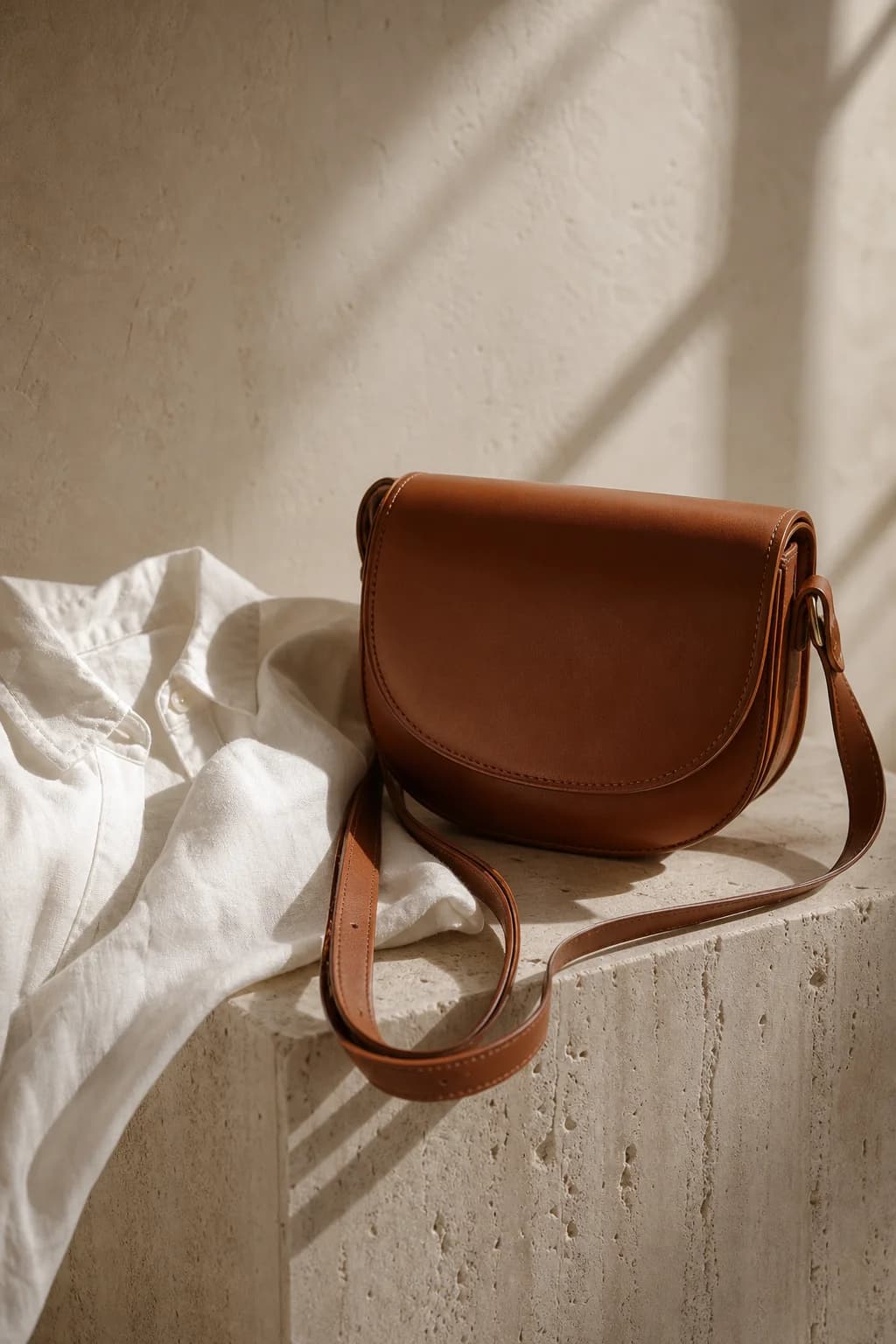 A leather crossbody bag on a travertine plinth beside a folded linen shirt